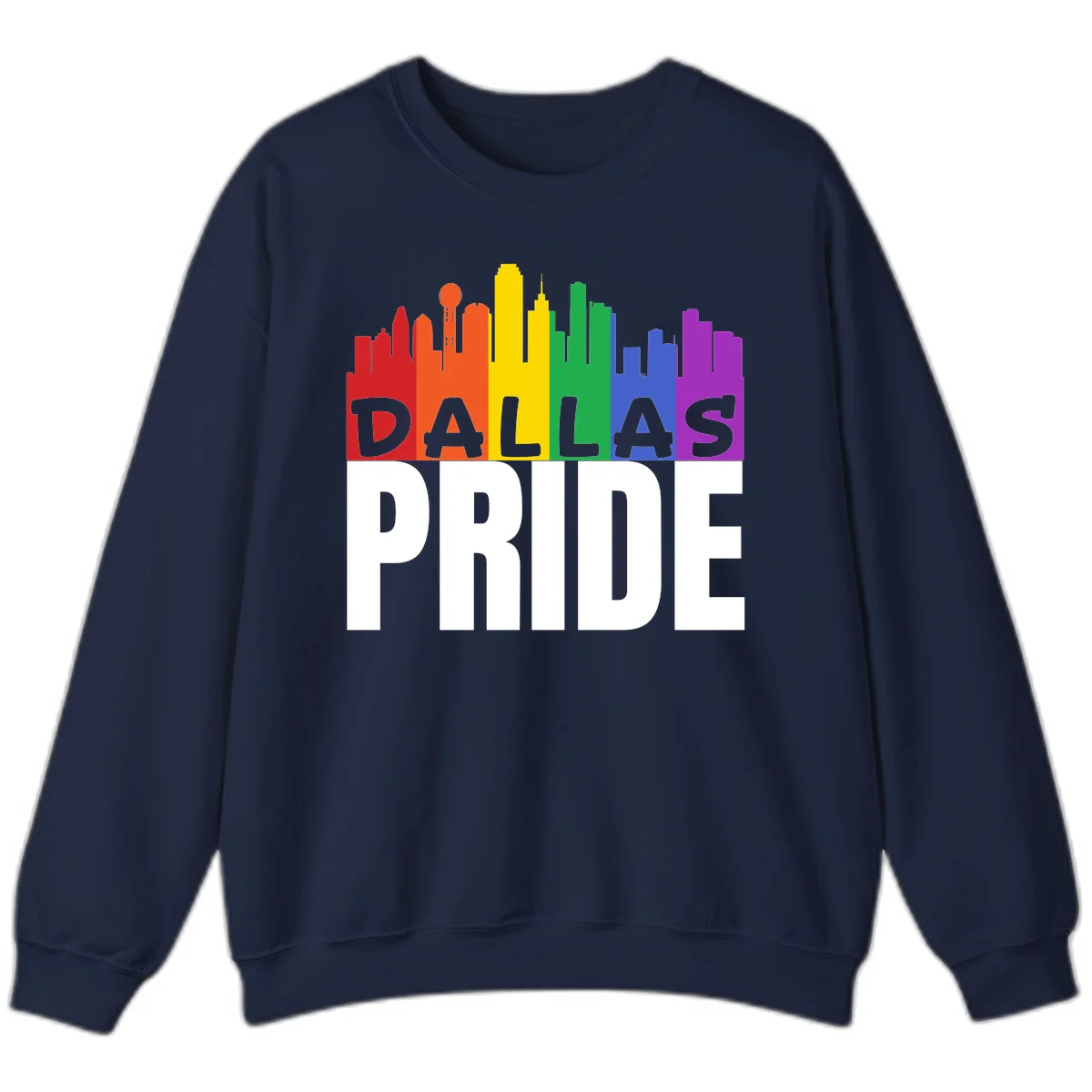 Dallas skyline in rainbow Pride colors with gray 'DALLAS PRIDE' text on white background in Navy