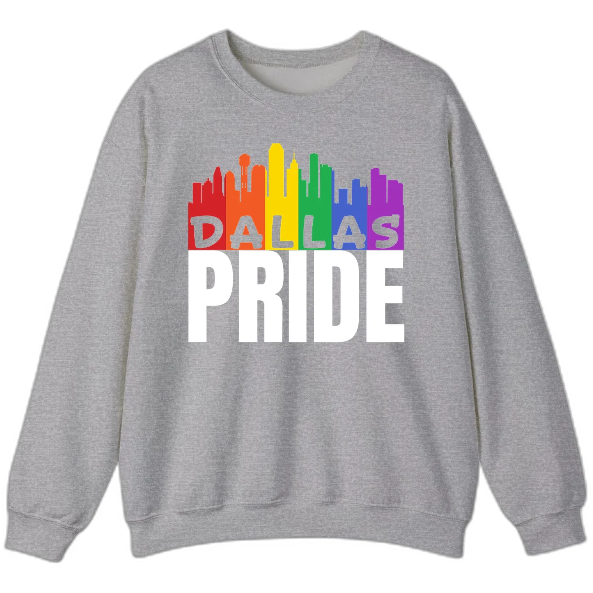 Dallas skyline in rainbow Pride colors with gray 'DALLAS PRIDE' text on white background in Sport Grey