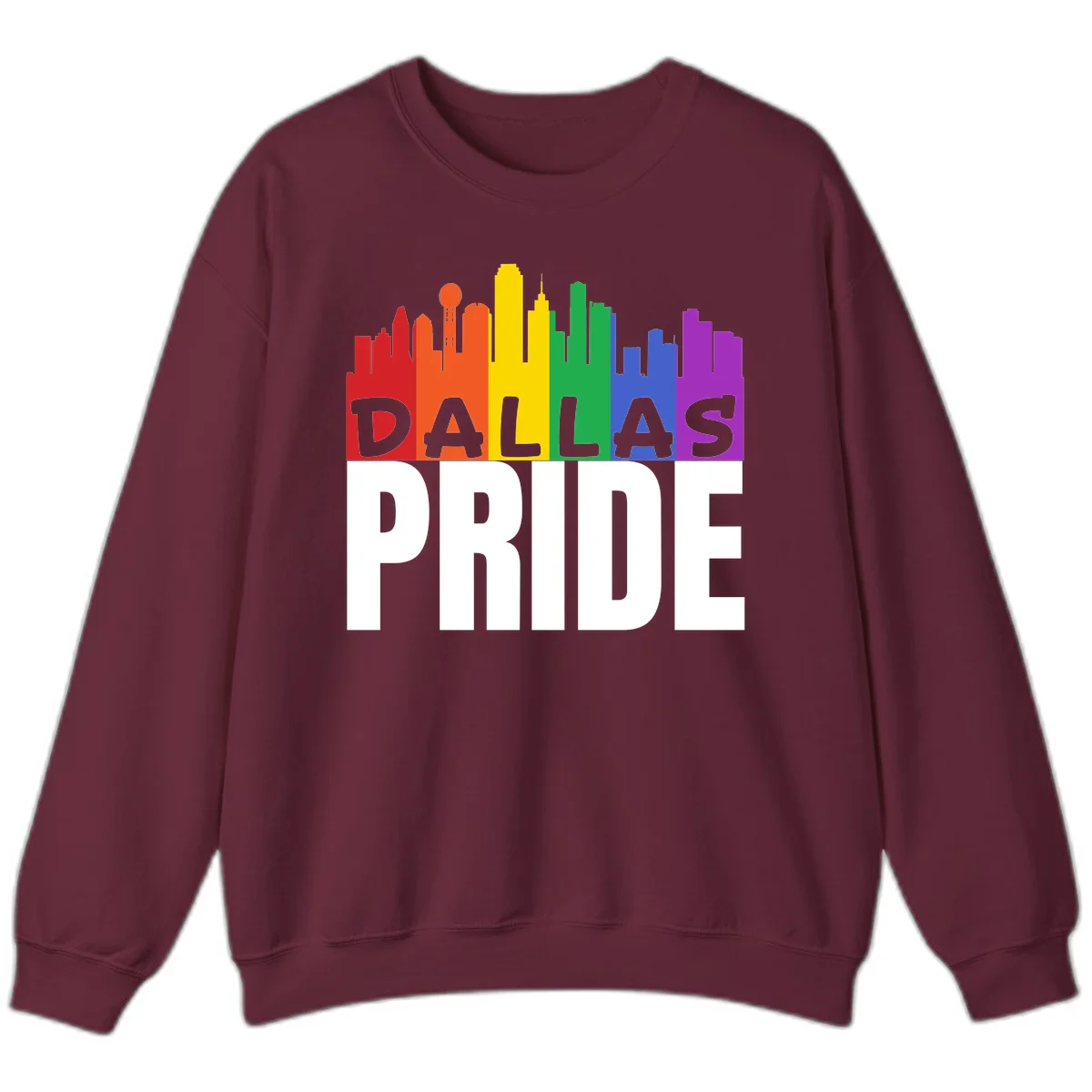 Dallas skyline in rainbow Pride colors with gray 'DALLAS PRIDE' text on white background in Maroon