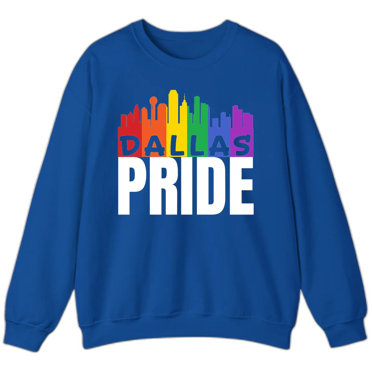 Dallas skyline in rainbow Pride colors with gray 'DALLAS PRIDE' text on white background in Royal