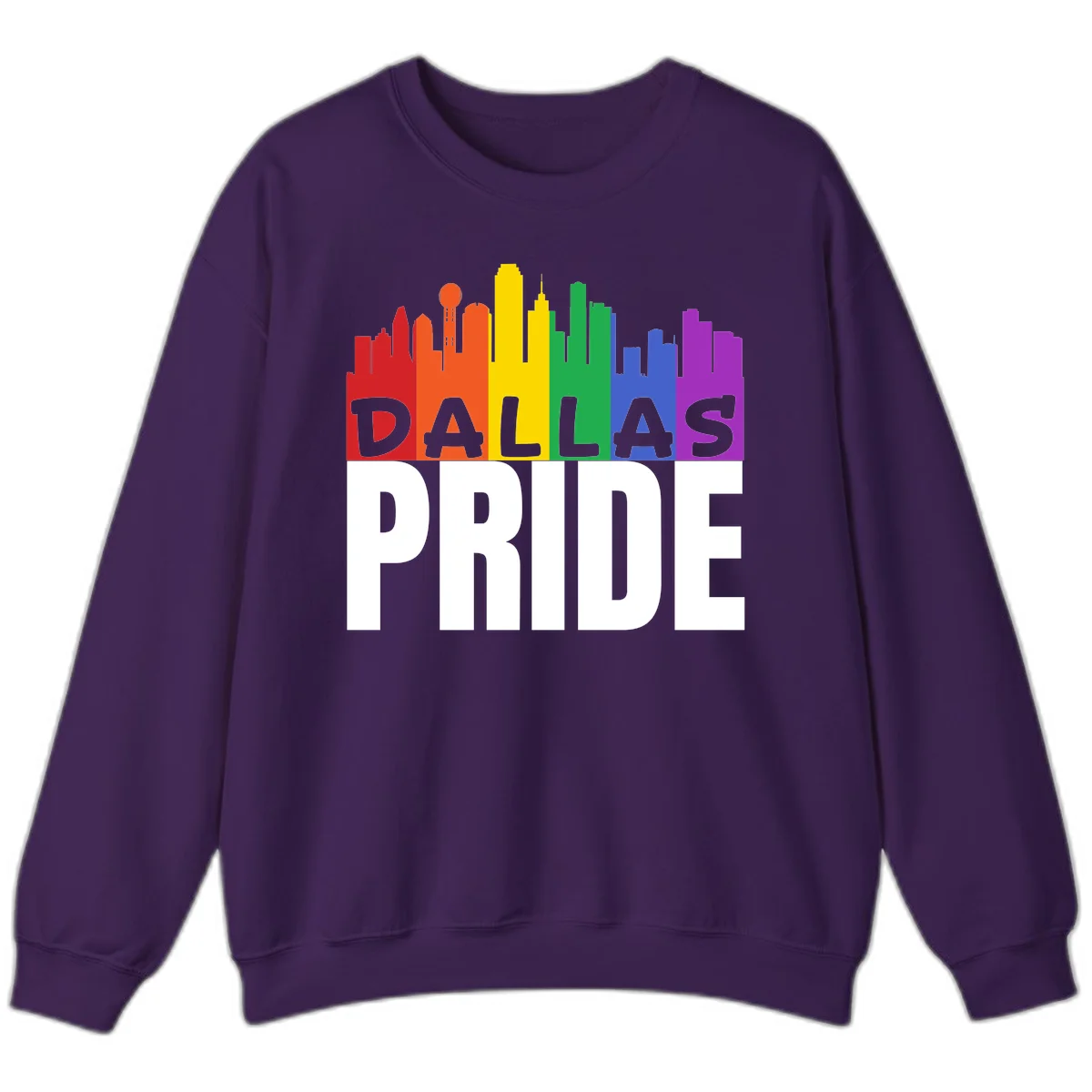 Dallas skyline in rainbow Pride colors with gray 'DALLAS PRIDE' text on white background in Purple