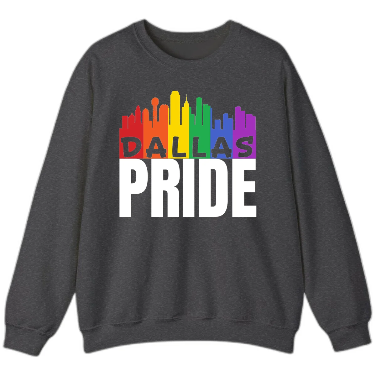 Dallas skyline in rainbow Pride colors with gray 'DALLAS PRIDE' text on white background in Dark Heather