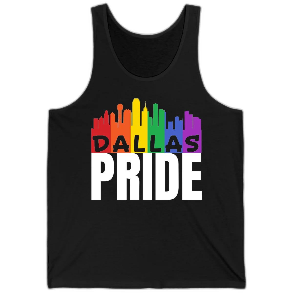 Dallas skyline in rainbow Pride colors with gray 'DALLAS PRIDE' text on white background in Black