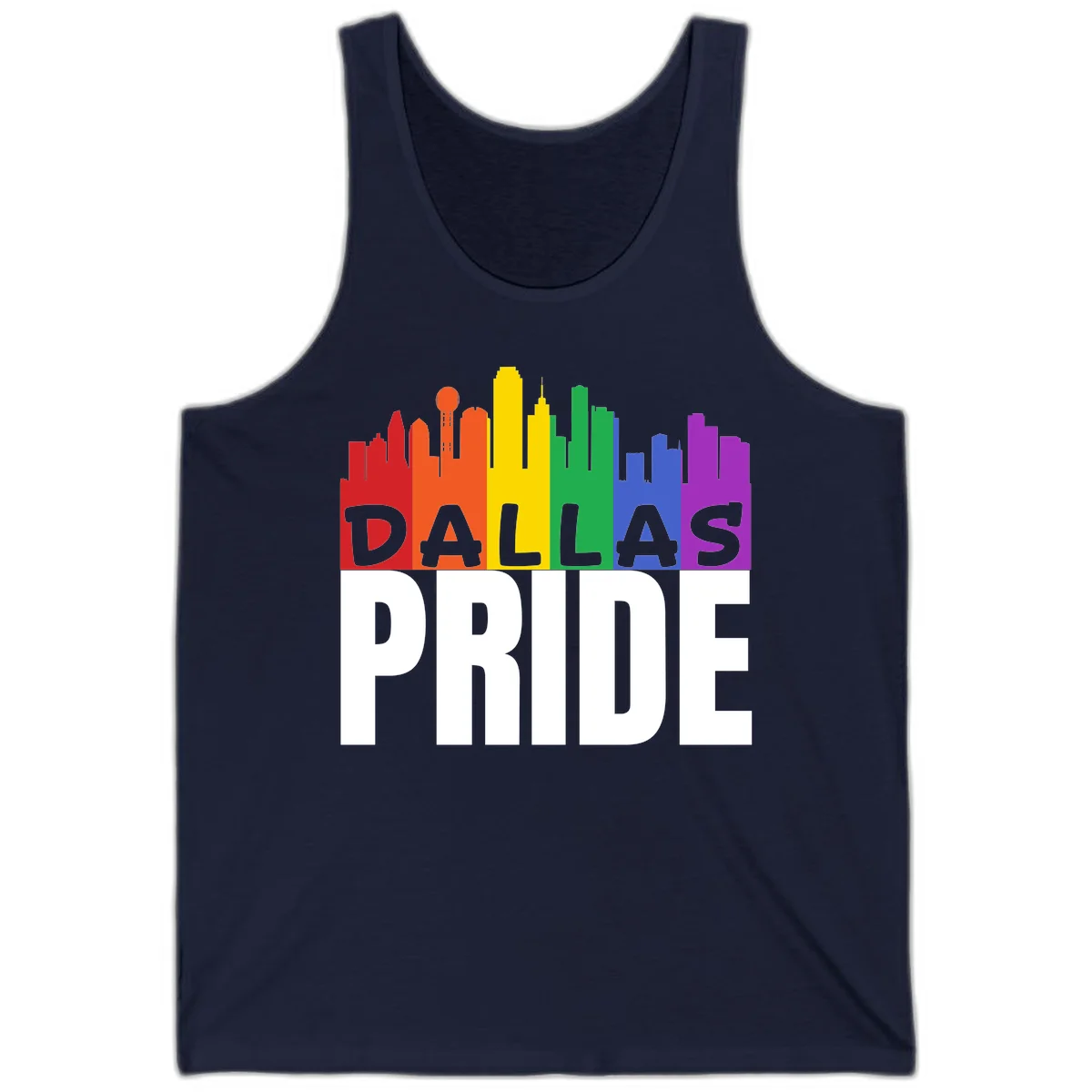 Dallas skyline in rainbow Pride colors with gray 'DALLAS PRIDE' text on white background in Navy