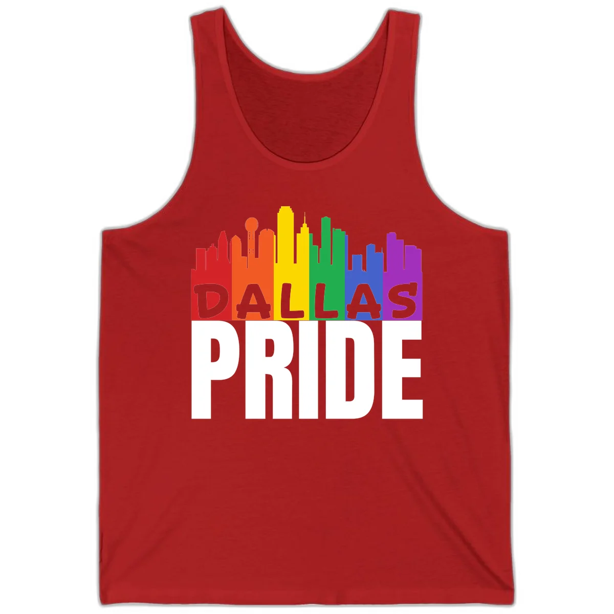 Dallas skyline in rainbow Pride colors with gray 'DALLAS PRIDE' text on white background in Red
