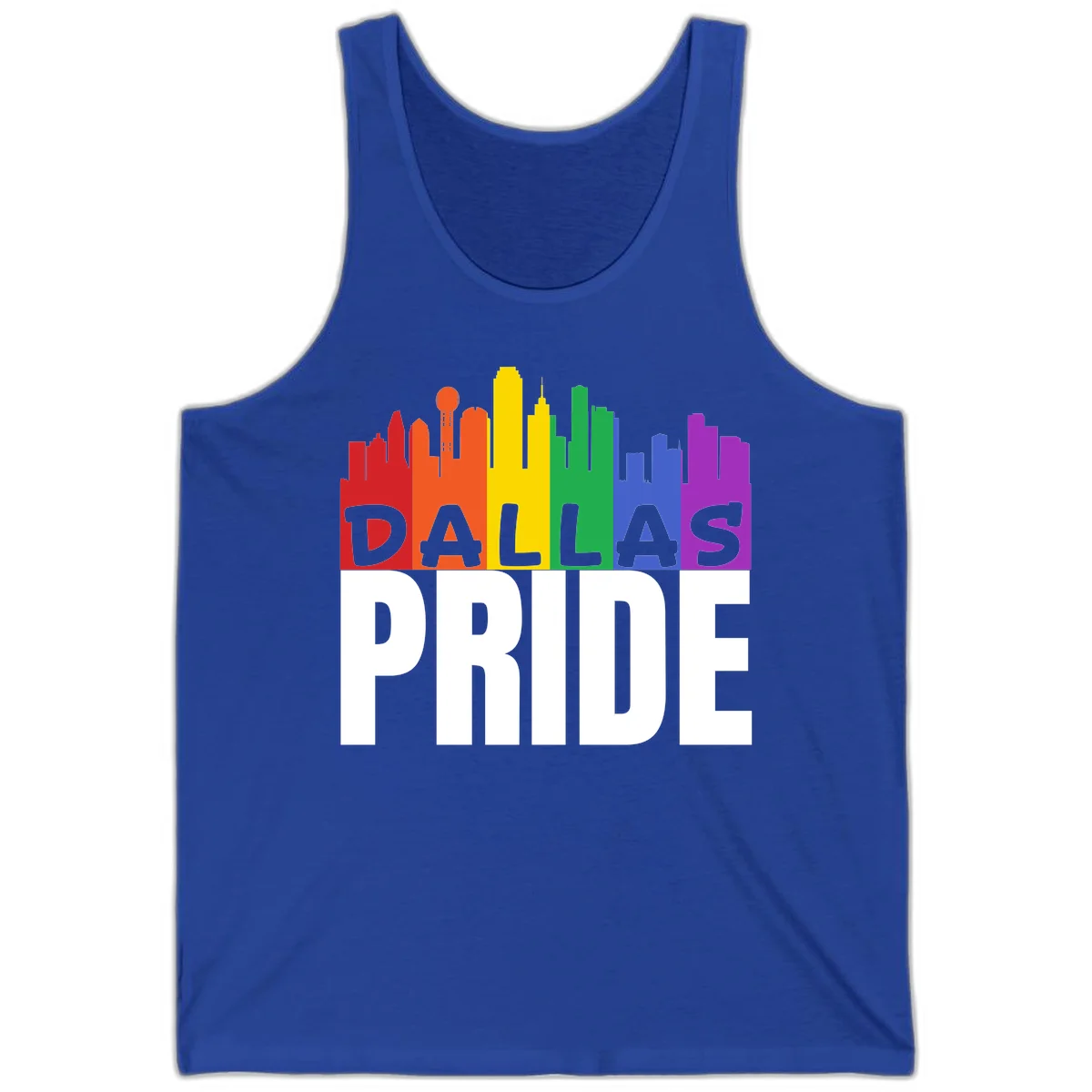 Dallas skyline in rainbow Pride colors with gray 'DALLAS PRIDE' text on white background in True Royal
