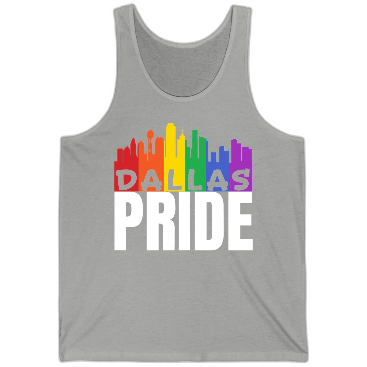 Dallas skyline in rainbow Pride colors with gray 'DALLAS PRIDE' text on white background in Athletic Heather