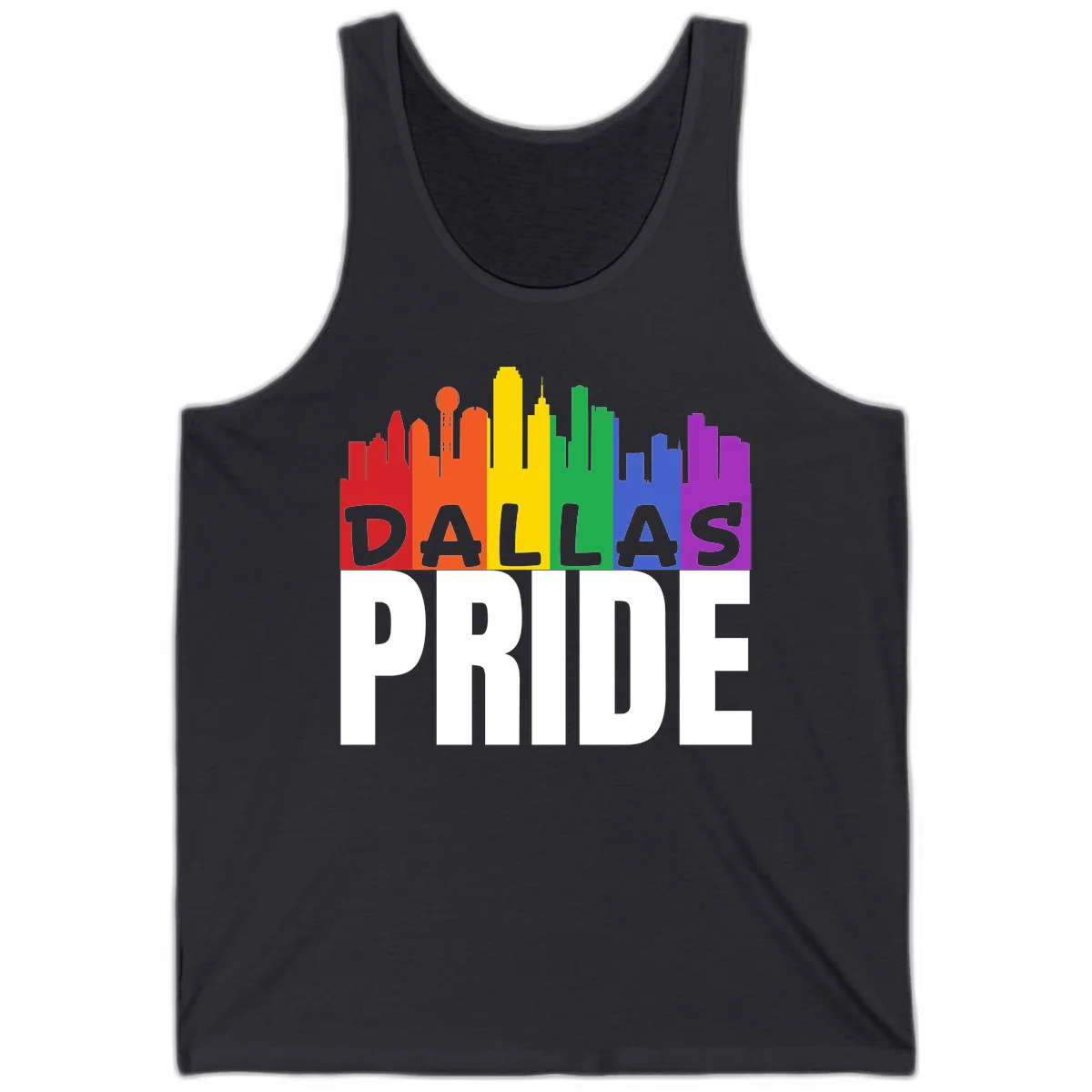 Dallas skyline in rainbow Pride colors with gray 'DALLAS PRIDE' text on white background in Dark Grey