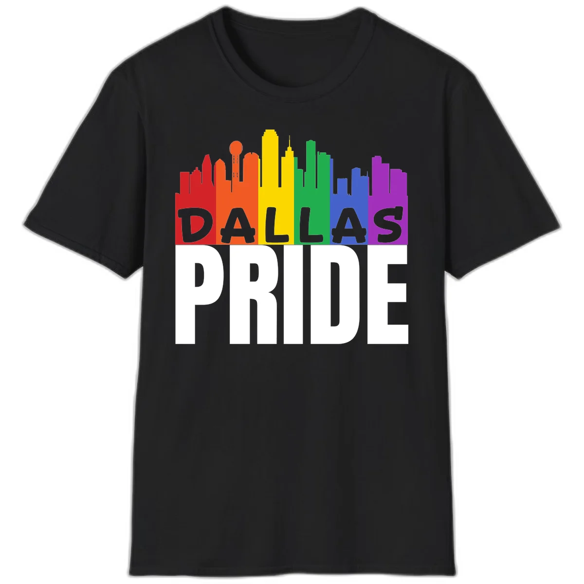 Dallas skyline in rainbow Pride colors with gray 'DALLAS PRIDE' text on white background in Black