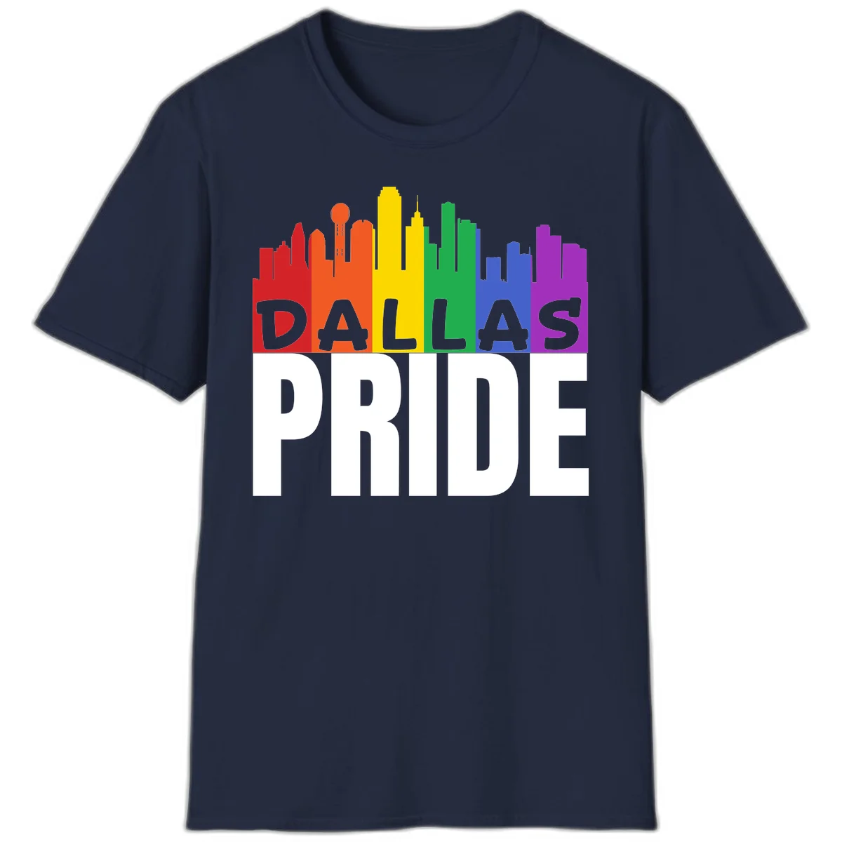 Dallas skyline in rainbow Pride colors with gray 'DALLAS PRIDE' text on white background in Navy
