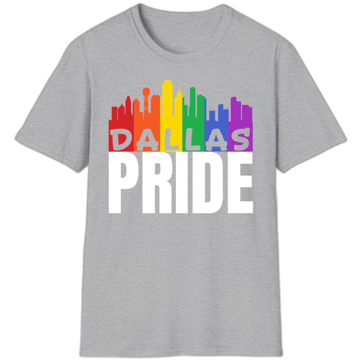 Dallas skyline in rainbow Pride colors with gray 'DALLAS PRIDE' text on white background in Sport Grey