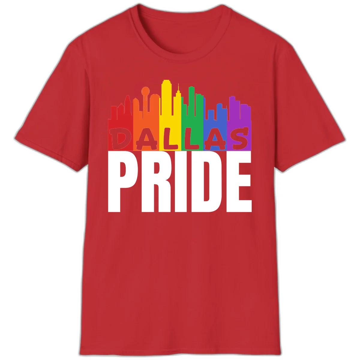 Dallas skyline in rainbow Pride colors with gray 'DALLAS PRIDE' text on white background in Red