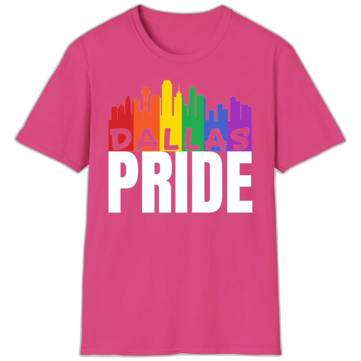 Dallas skyline in rainbow Pride colors with gray 'DALLAS PRIDE' text on white background in Heliconia