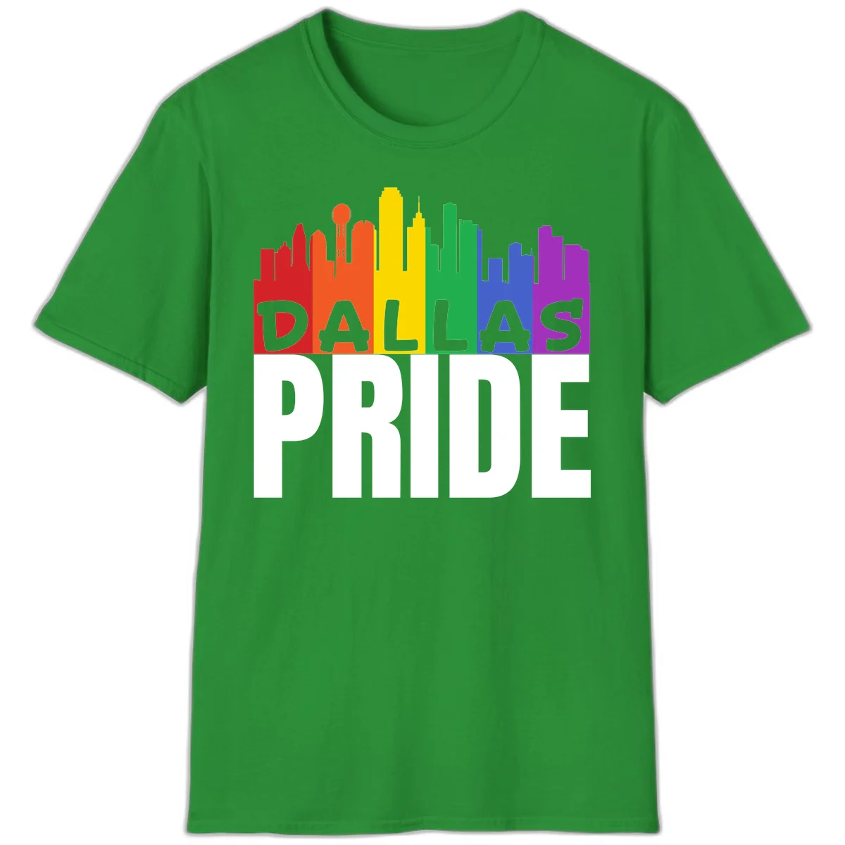 Dallas skyline in rainbow Pride colors with gray 'DALLAS PRIDE' text on white background in Irish Green