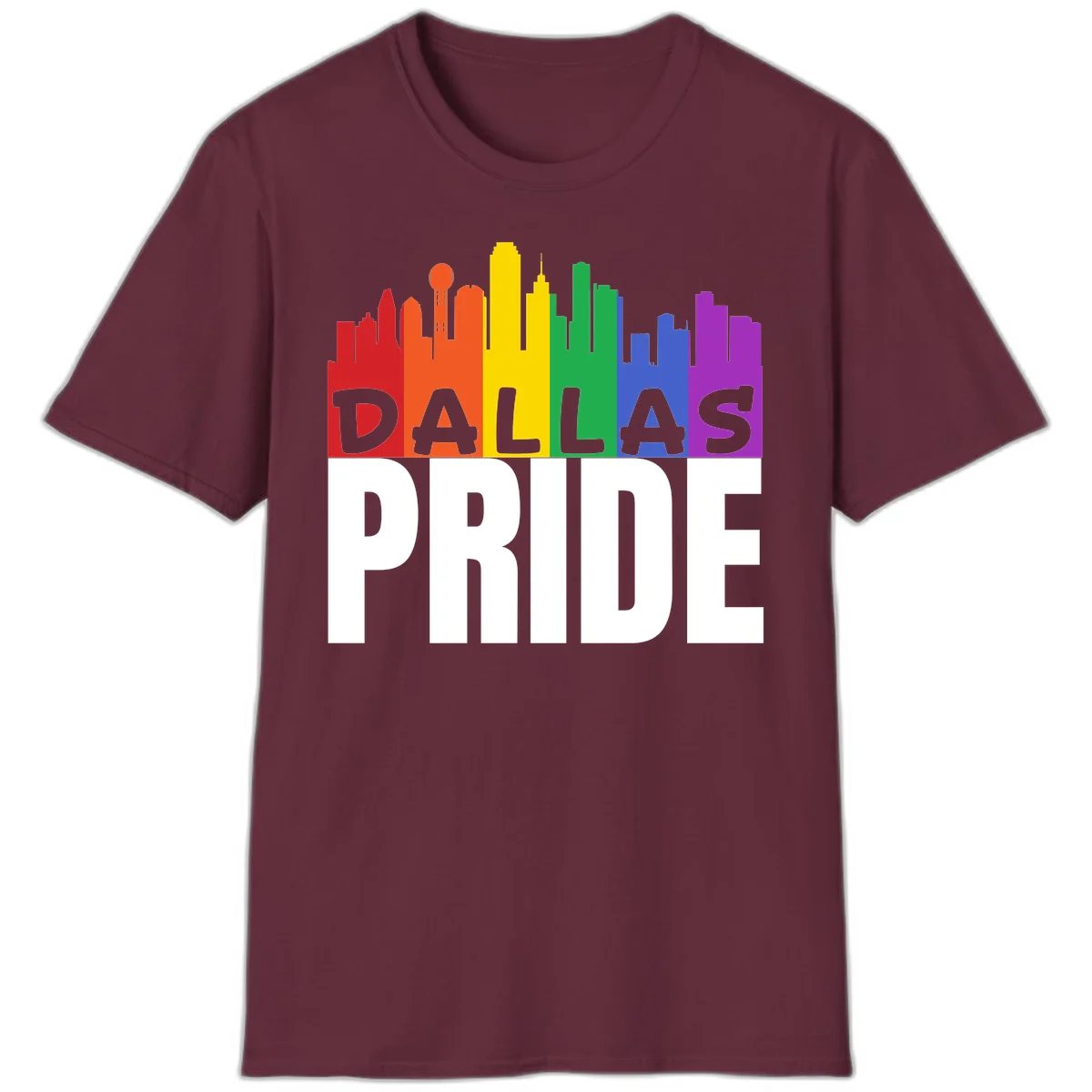 Dallas skyline in rainbow Pride colors with gray 'DALLAS PRIDE' text on white background in Maroon