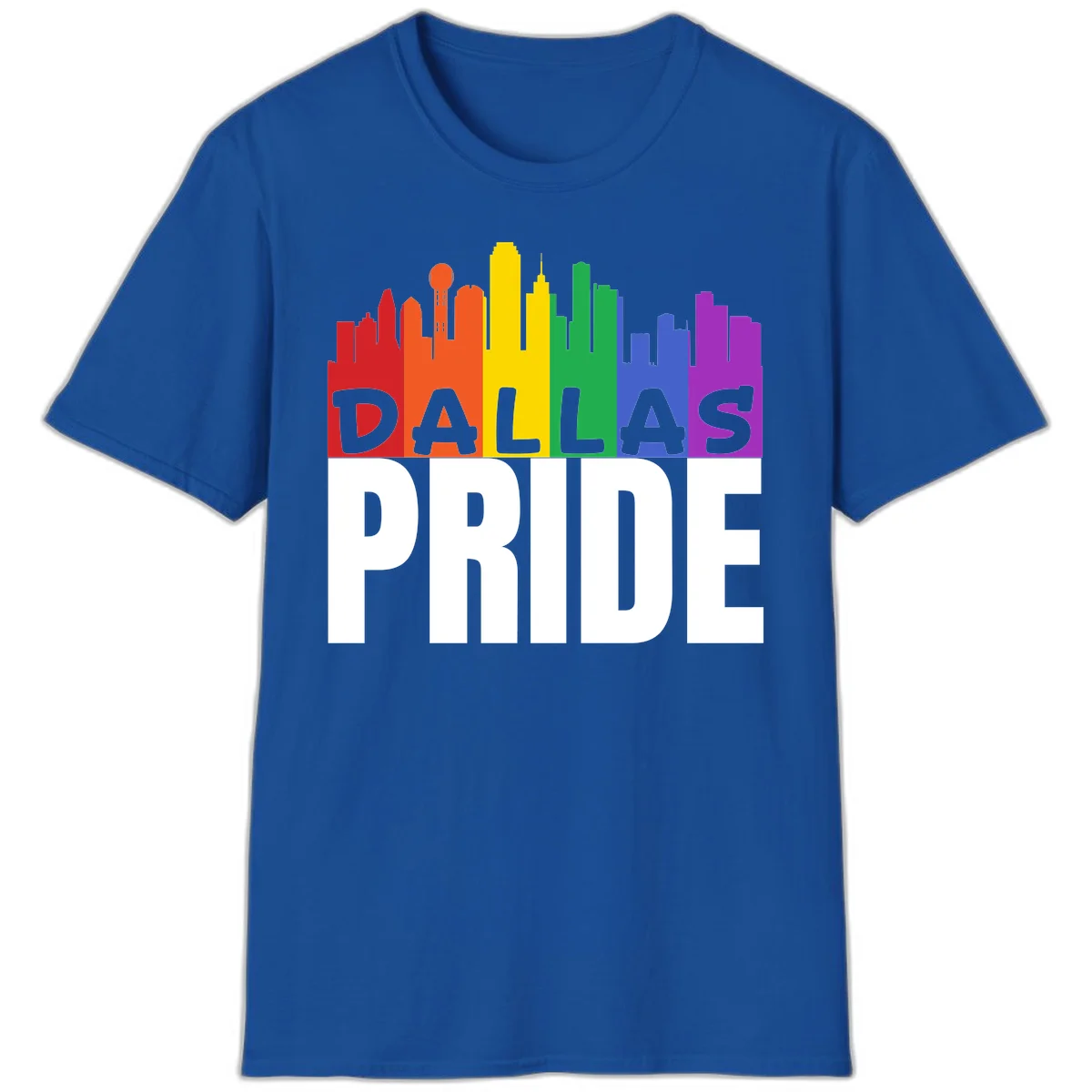 Dallas skyline in rainbow Pride colors with gray 'DALLAS PRIDE' text on white background in Royal
