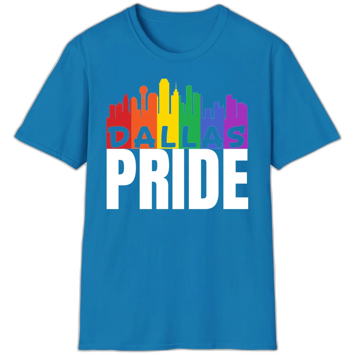 Dallas skyline in rainbow Pride colors with gray 'DALLAS PRIDE' text on white background in Sapphire