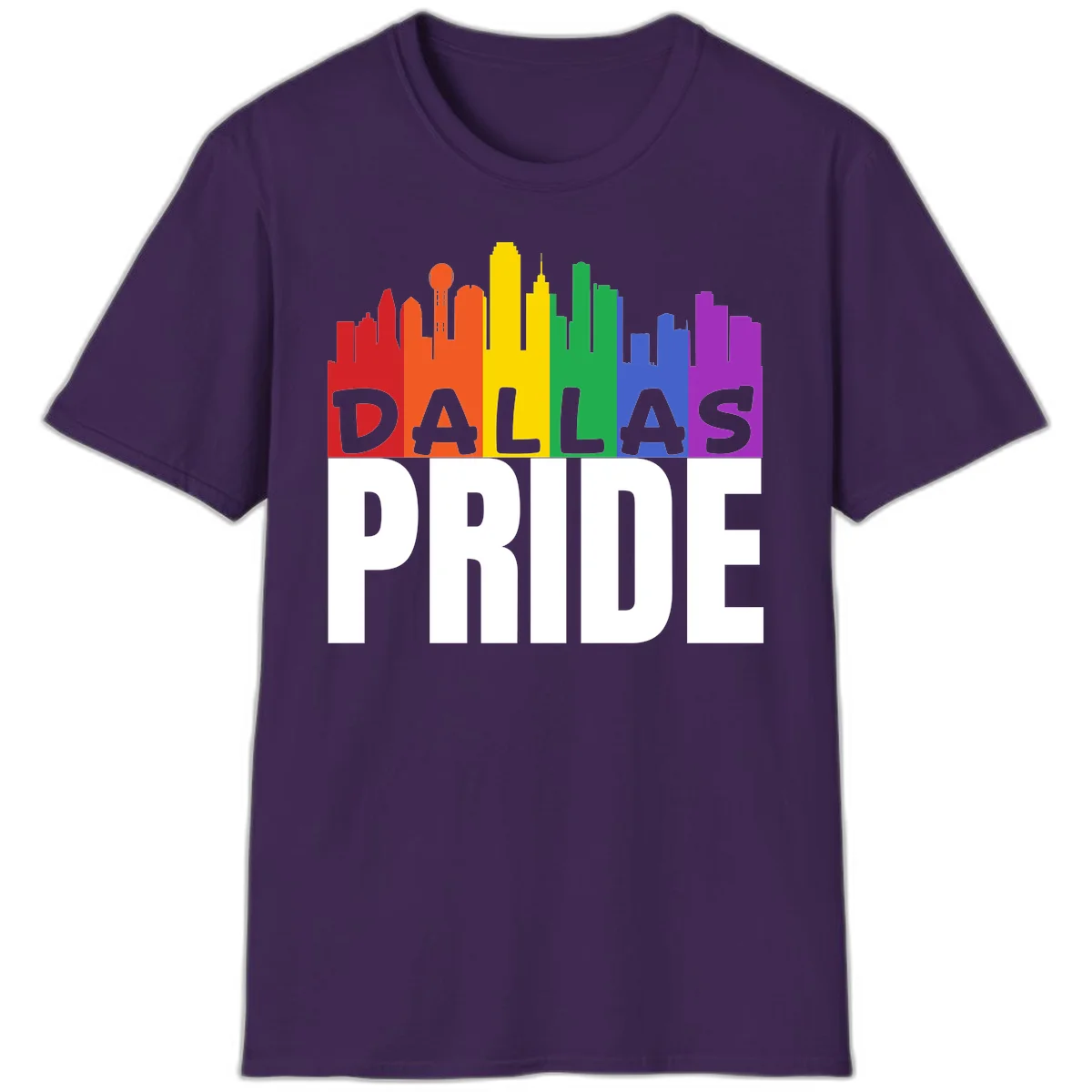 Dallas skyline in rainbow Pride colors with gray 'DALLAS PRIDE' text on white background in Purple