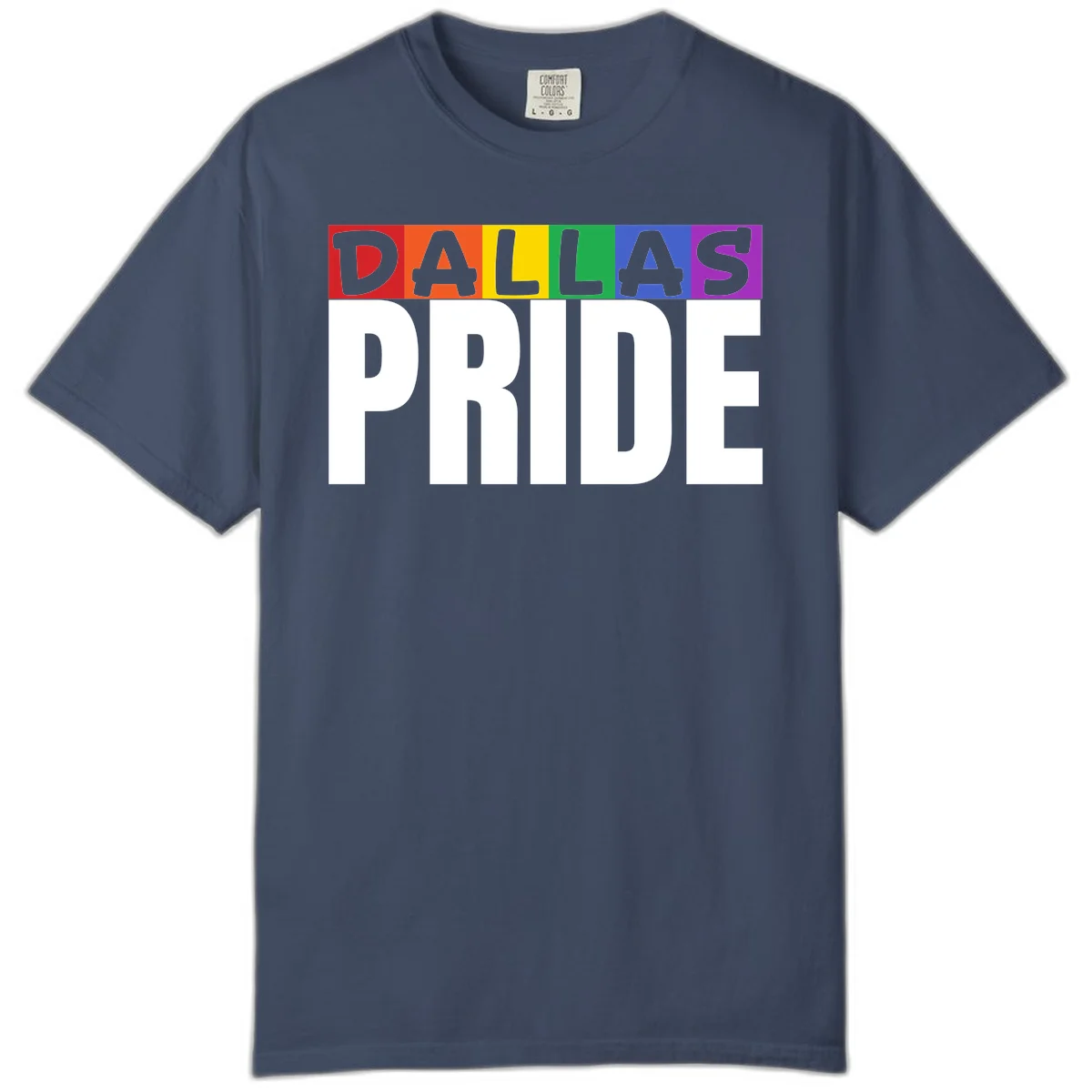 Dallas Pride rainbow design with colorful letters spelling DALLAS above white PRIDE text in Midnight