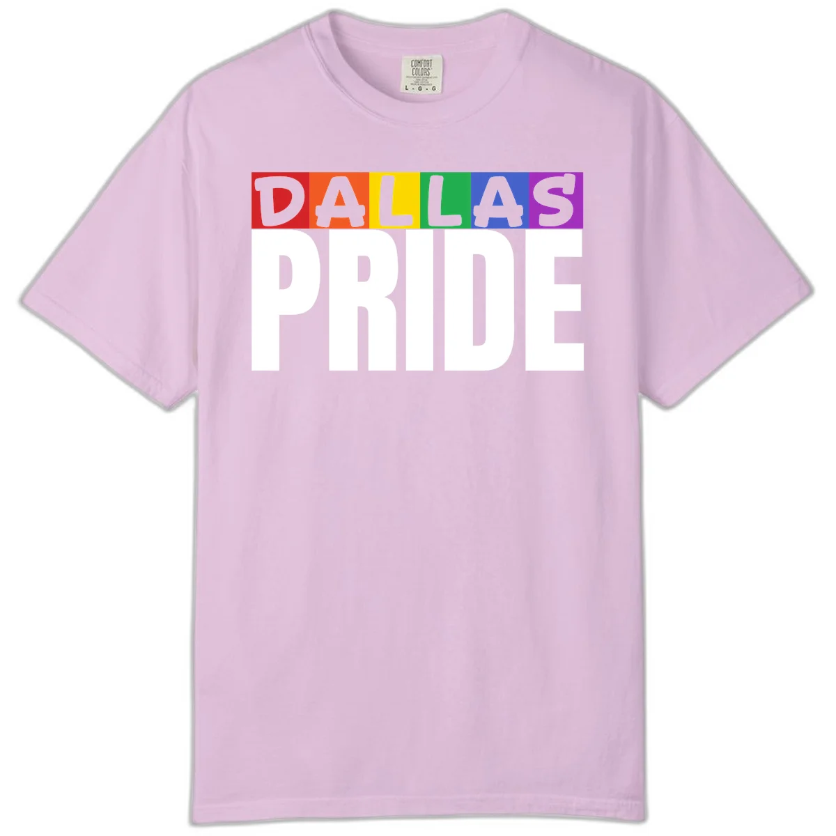 Dallas Pride rainbow design with colorful letters spelling DALLAS above white PRIDE text in Orchid