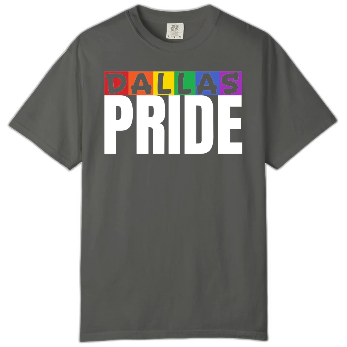 Dallas Pride rainbow design with colorful letters spelling DALLAS above white PRIDE text in Pepper