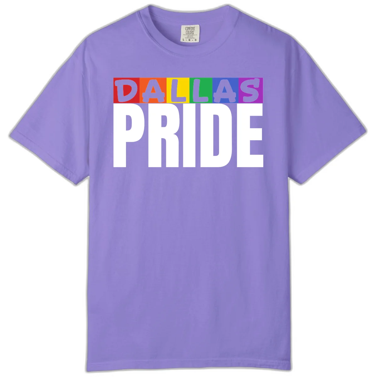 Dallas Pride rainbow design with colorful letters spelling DALLAS above white PRIDE text in Violet