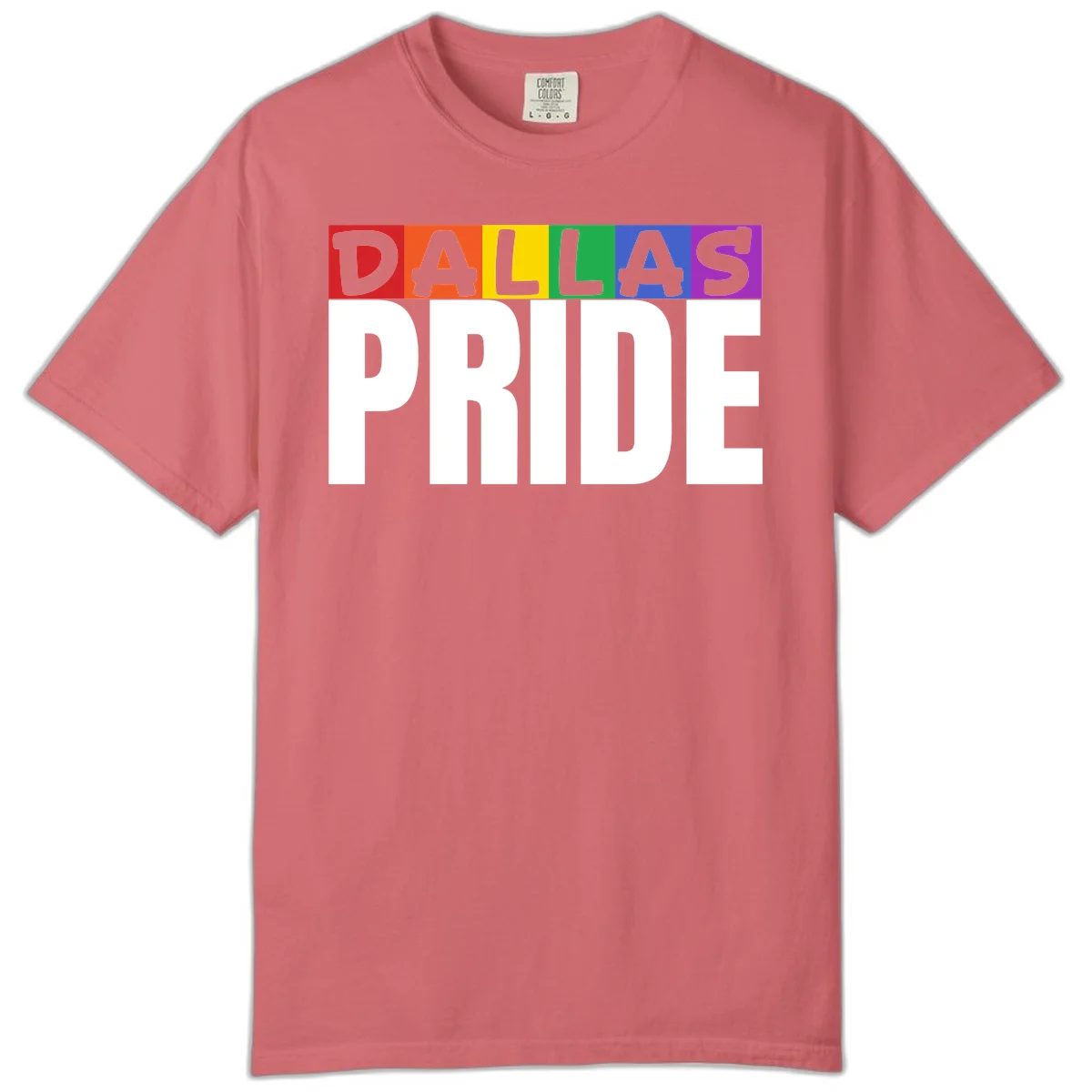 Dallas Pride rainbow design with colorful letters spelling DALLAS above white PRIDE text in Watermelon
