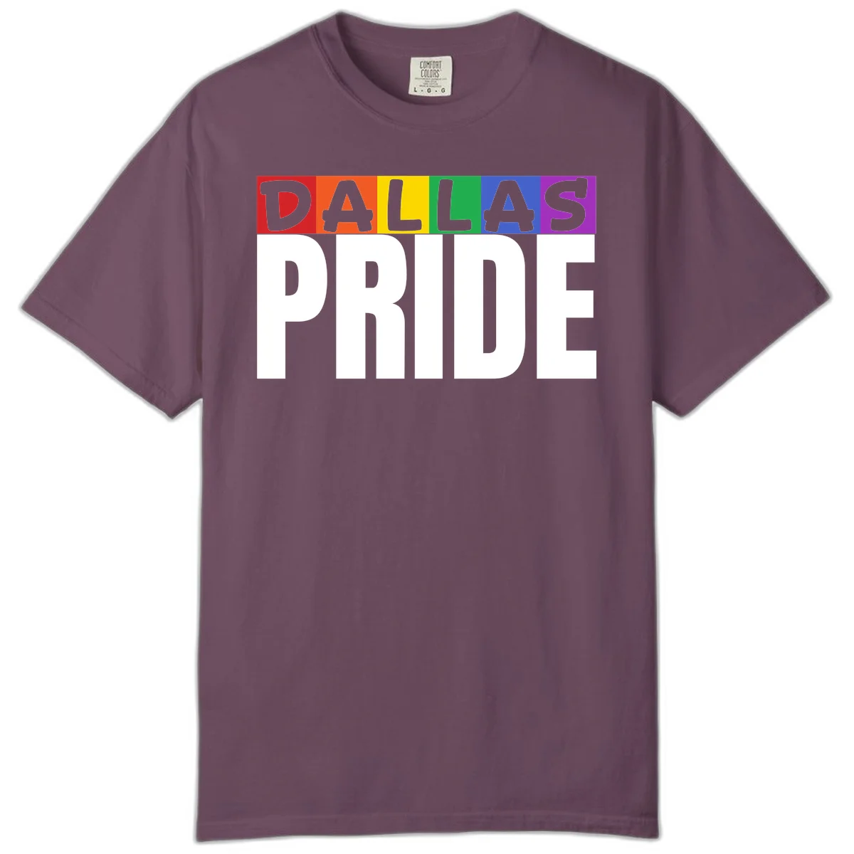 Dallas Pride rainbow design with colorful letters spelling DALLAS above white PRIDE text in Berry