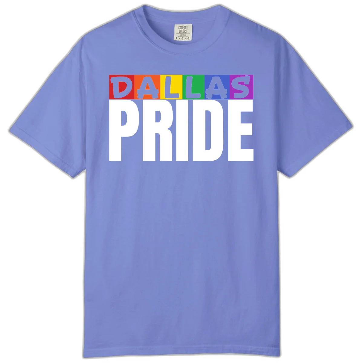 Dallas Pride rainbow design with colorful letters spelling DALLAS above white PRIDE text in Flo Blue