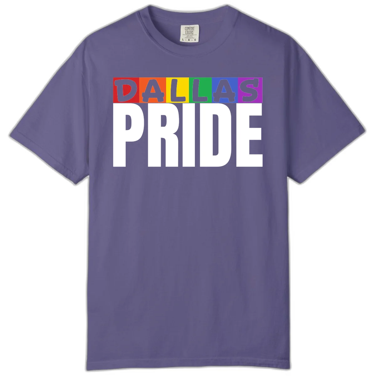 Dallas Pride rainbow design with colorful letters spelling DALLAS above white PRIDE text in Grape