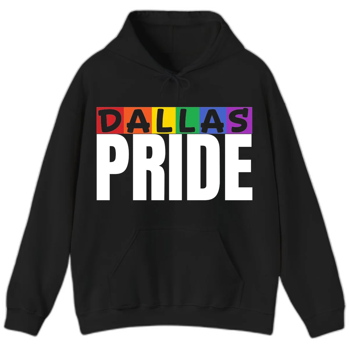 Dallas Pride rainbow design with colorful letters spelling DALLAS above white PRIDE text in Black