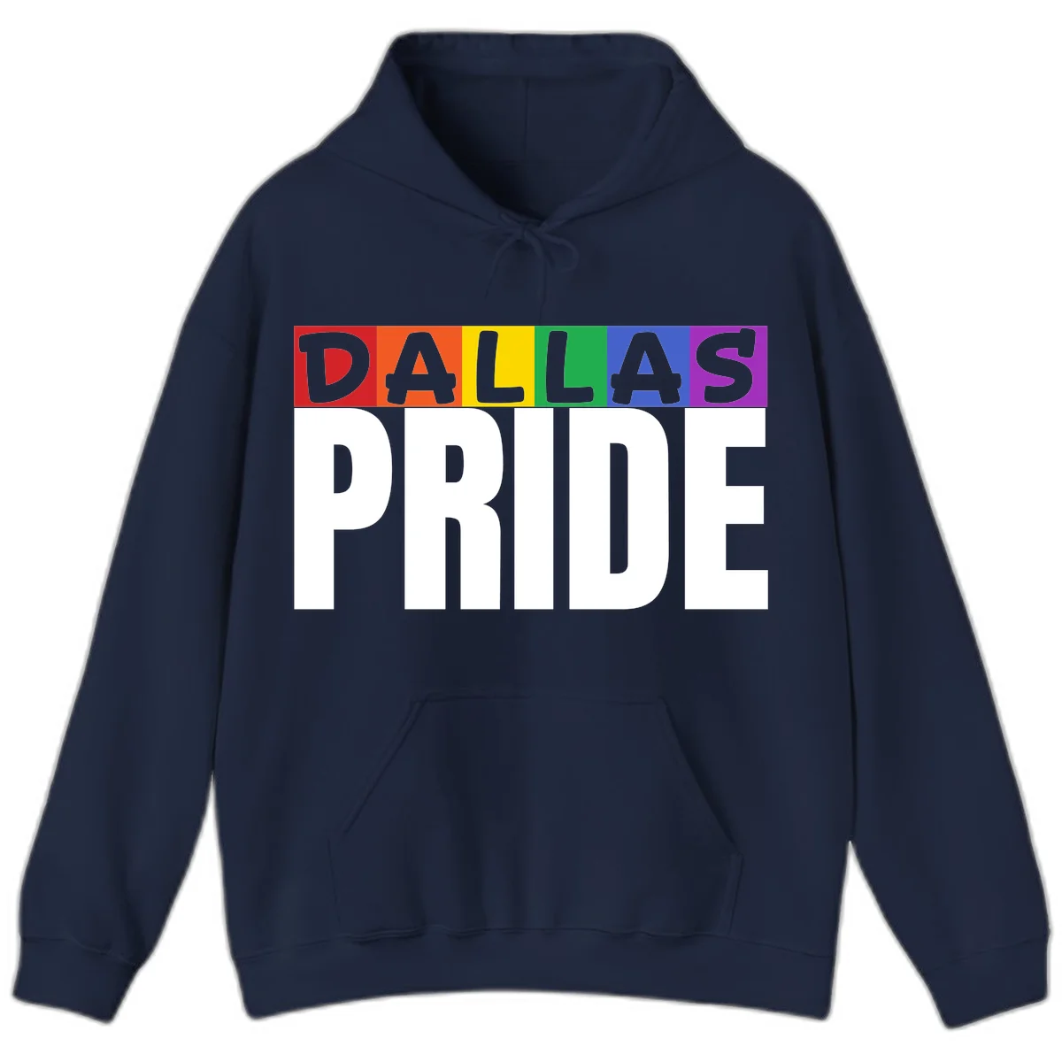 Dallas Pride rainbow design with colorful letters spelling DALLAS above white PRIDE text in Navy