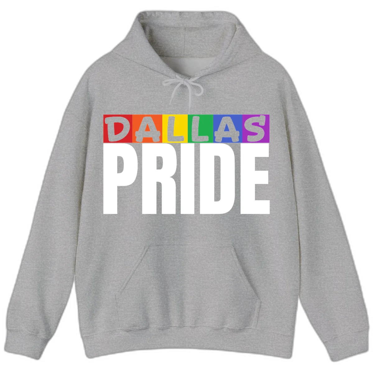 Dallas Pride rainbow design with colorful letters spelling DALLAS above white PRIDE text in Sport Grey