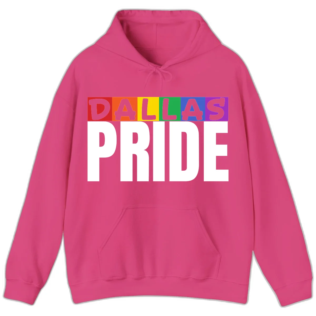 Dallas Pride rainbow design with colorful letters spelling DALLAS above white PRIDE text in Heliconia