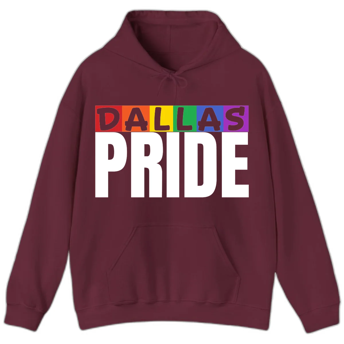 Dallas Pride rainbow design with colorful letters spelling DALLAS above white PRIDE text in Maroon