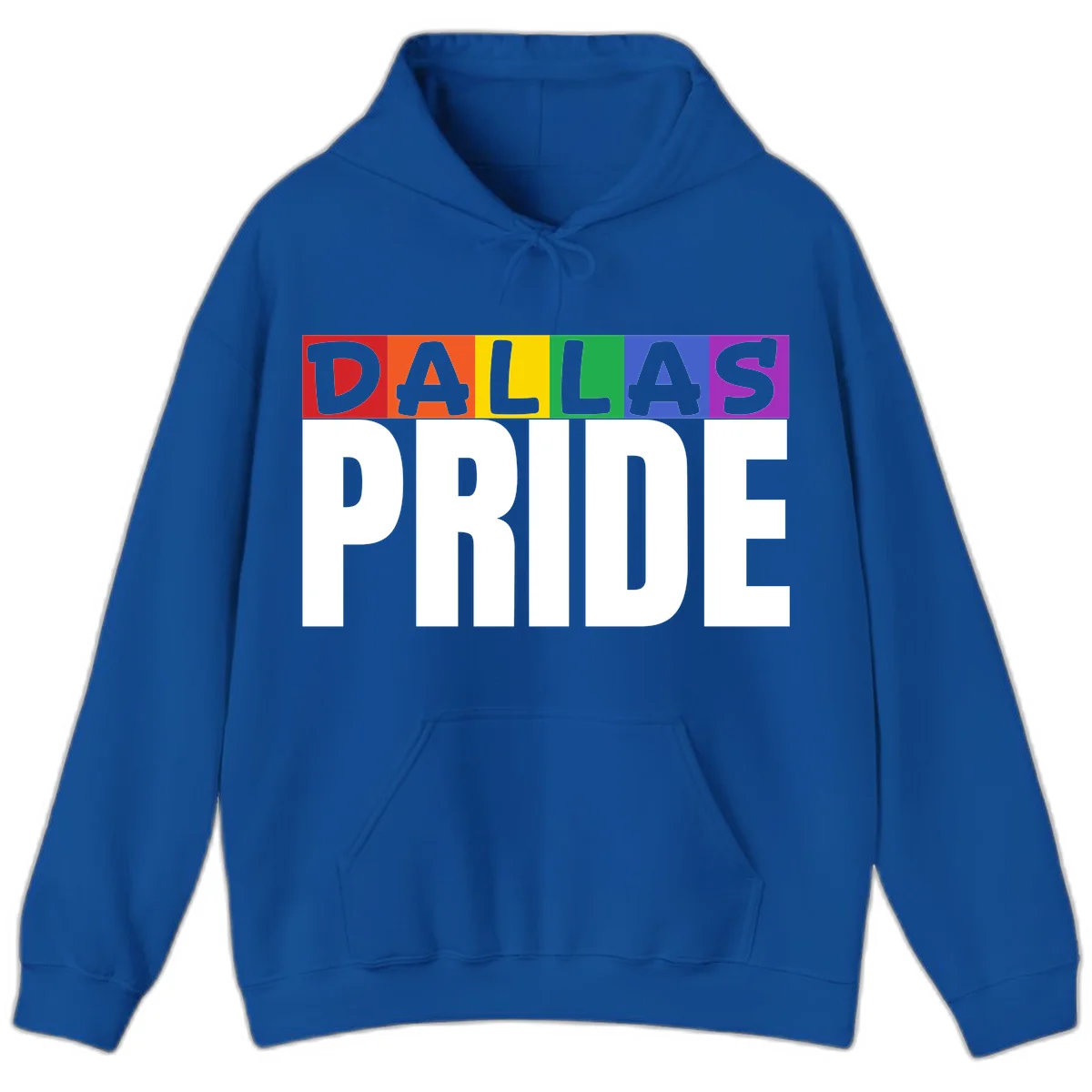 Dallas Pride rainbow design with colorful letters spelling DALLAS above white PRIDE text in Royal