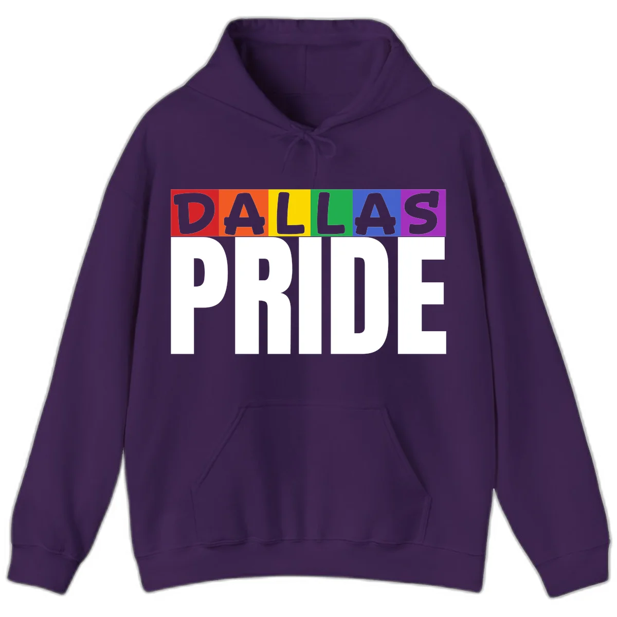 Dallas Pride rainbow design with colorful letters spelling DALLAS above white PRIDE text in Purple