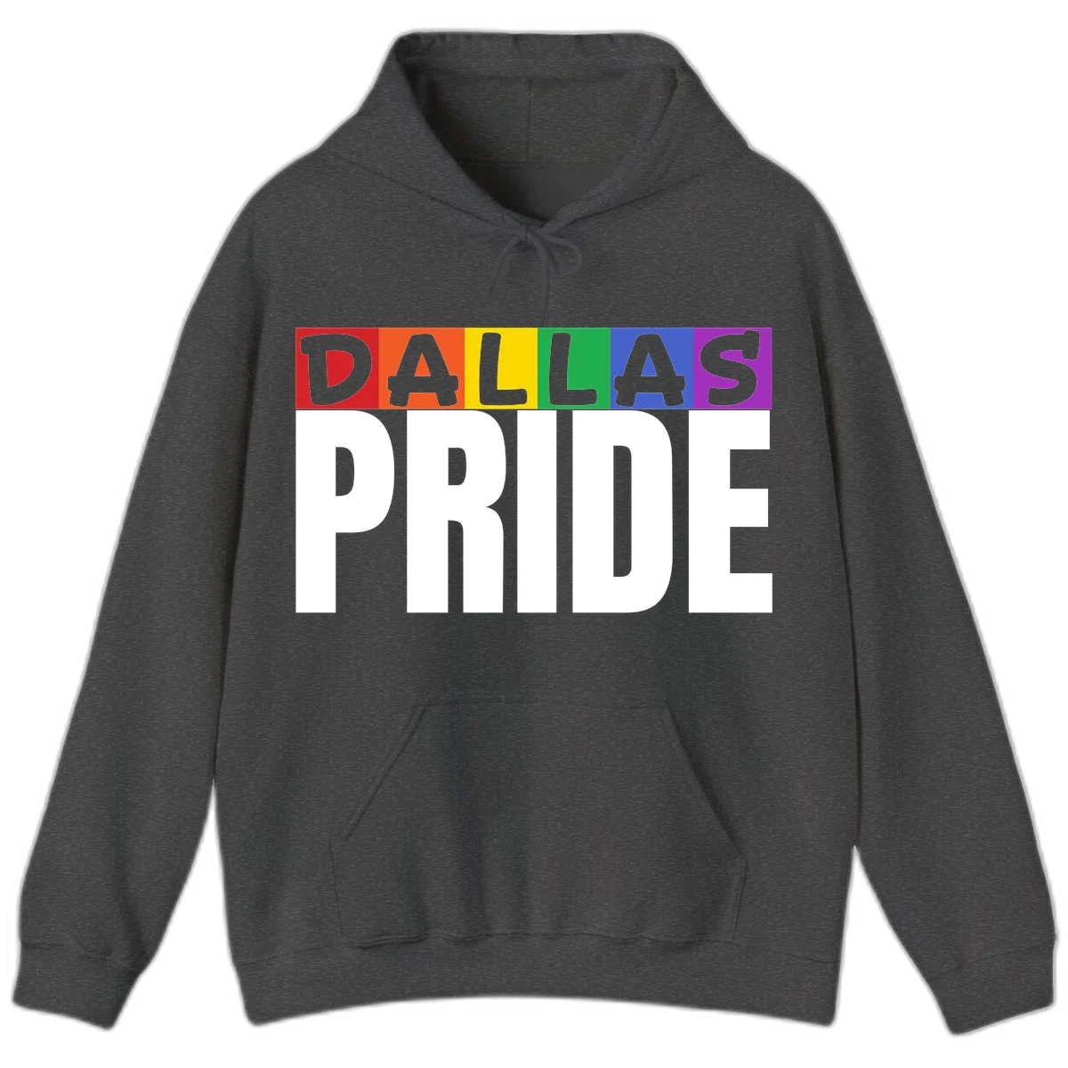 Dallas Pride rainbow design with colorful letters spelling DALLAS above white PRIDE text in Dark Heather