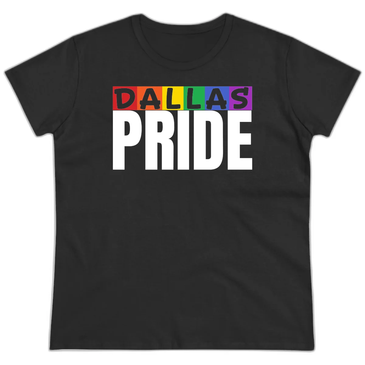 Dallas Pride rainbow design with colorful letters spelling DALLAS above white PRIDE text in Black