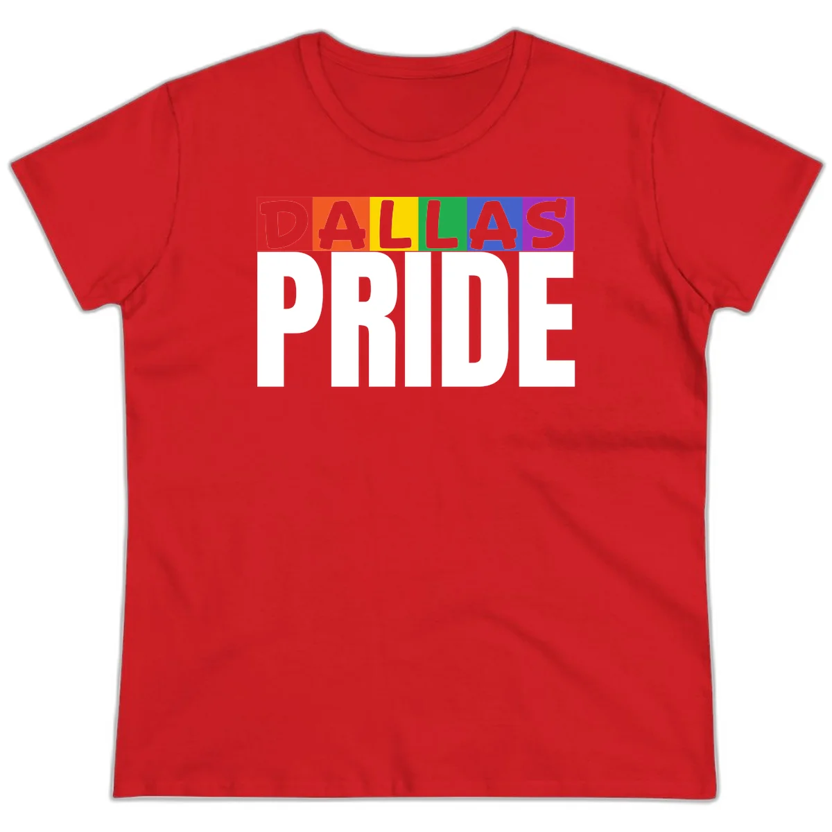 Dallas Pride rainbow design with colorful letters spelling DALLAS above white PRIDE text in Red