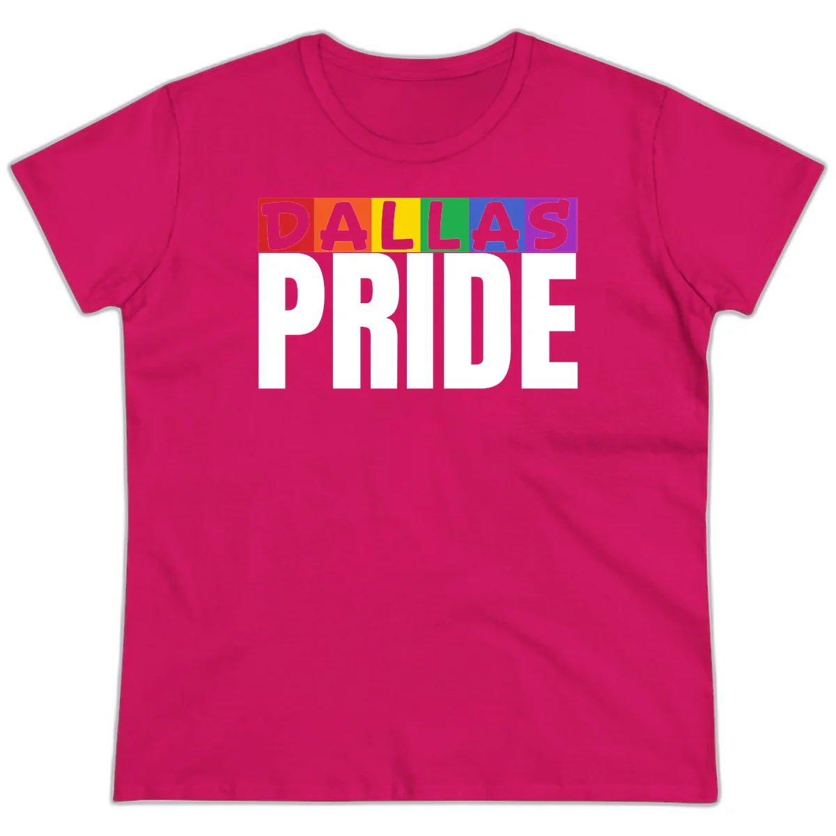 Dallas Pride rainbow design with colorful letters spelling DALLAS above white PRIDE text in Heliconia