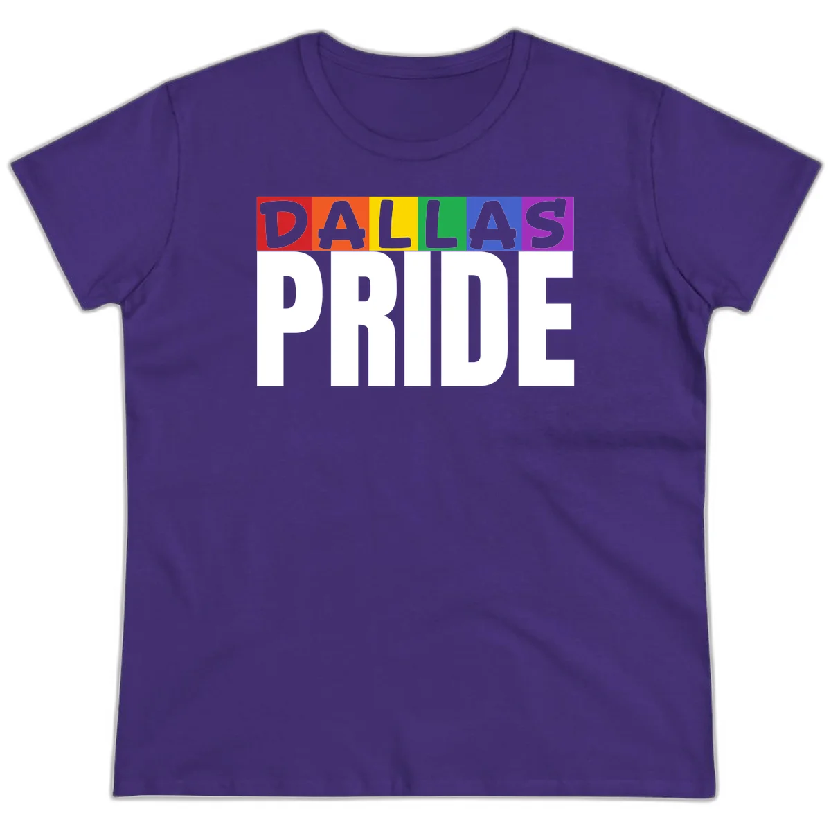 Dallas Pride rainbow design with colorful letters spelling DALLAS above white PRIDE text in Purple