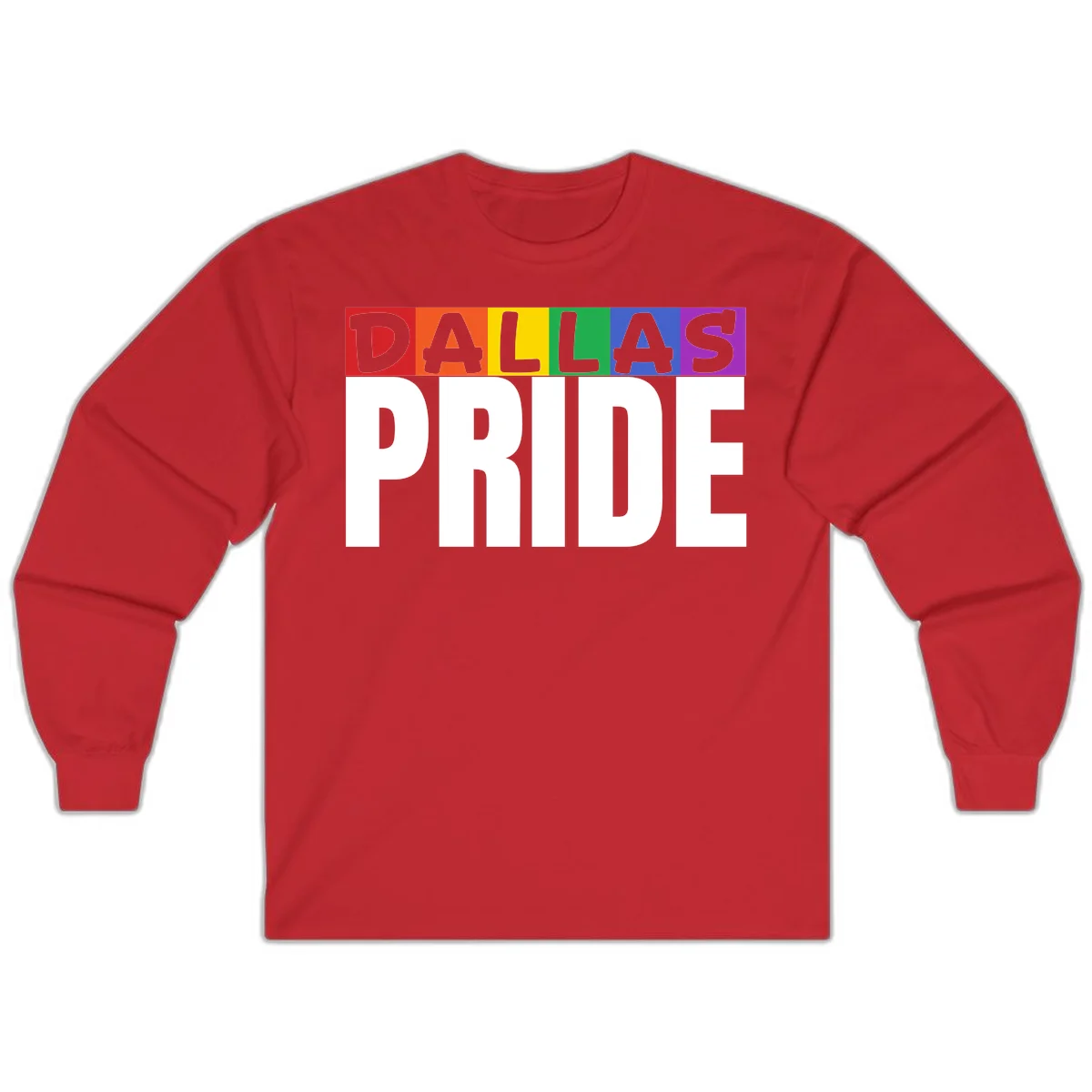 Dallas Pride rainbow design with colorful letters spelling DALLAS above white PRIDE text in Red