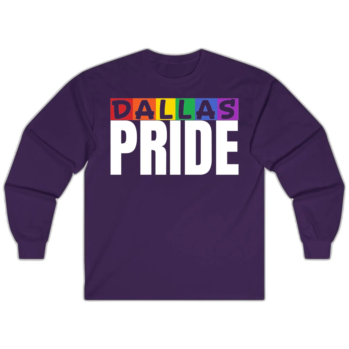 Dallas Pride rainbow design with colorful letters spelling DALLAS above white PRIDE text in Purple