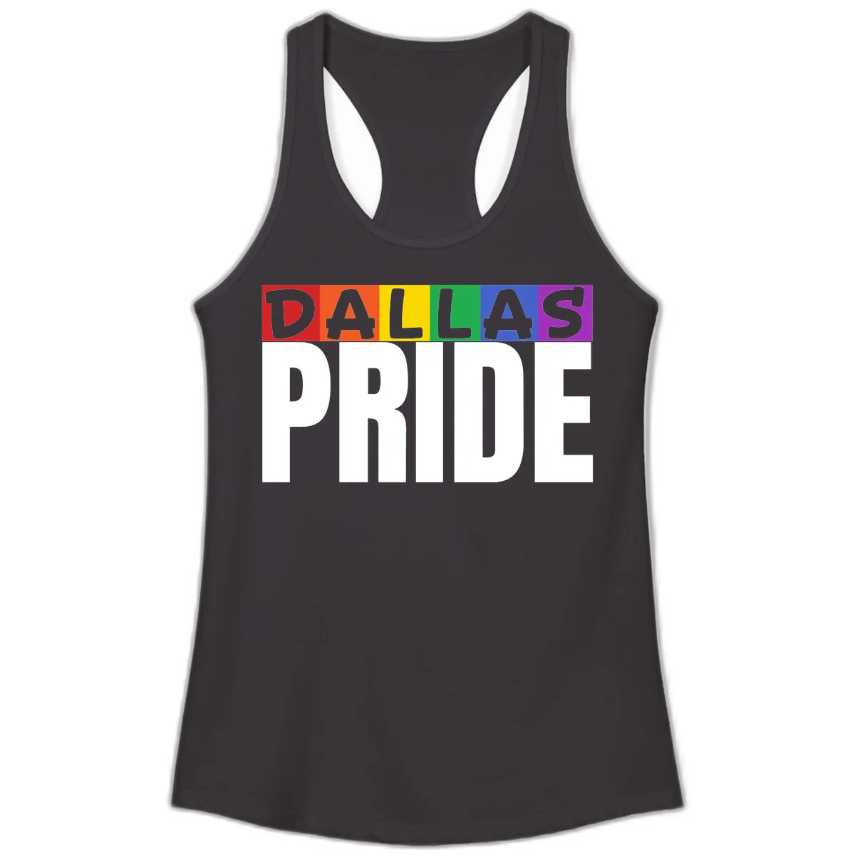 Dallas Pride rainbow design with colorful letters spelling DALLAS above white PRIDE text in Black