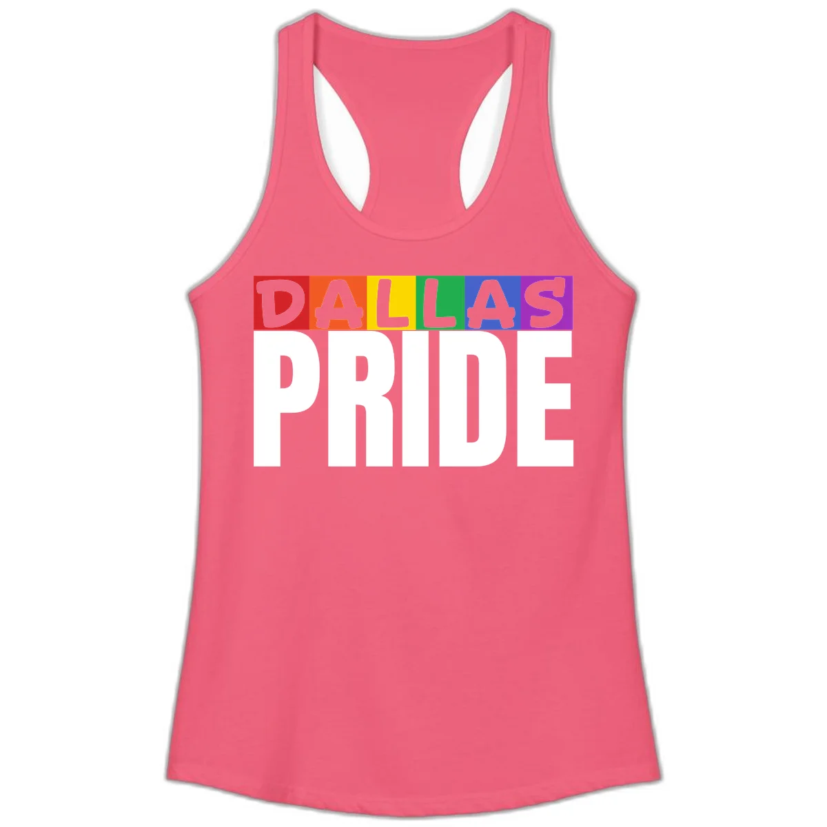 Dallas Pride rainbow design with colorful letters spelling DALLAS above white PRIDE text in Hot Pink