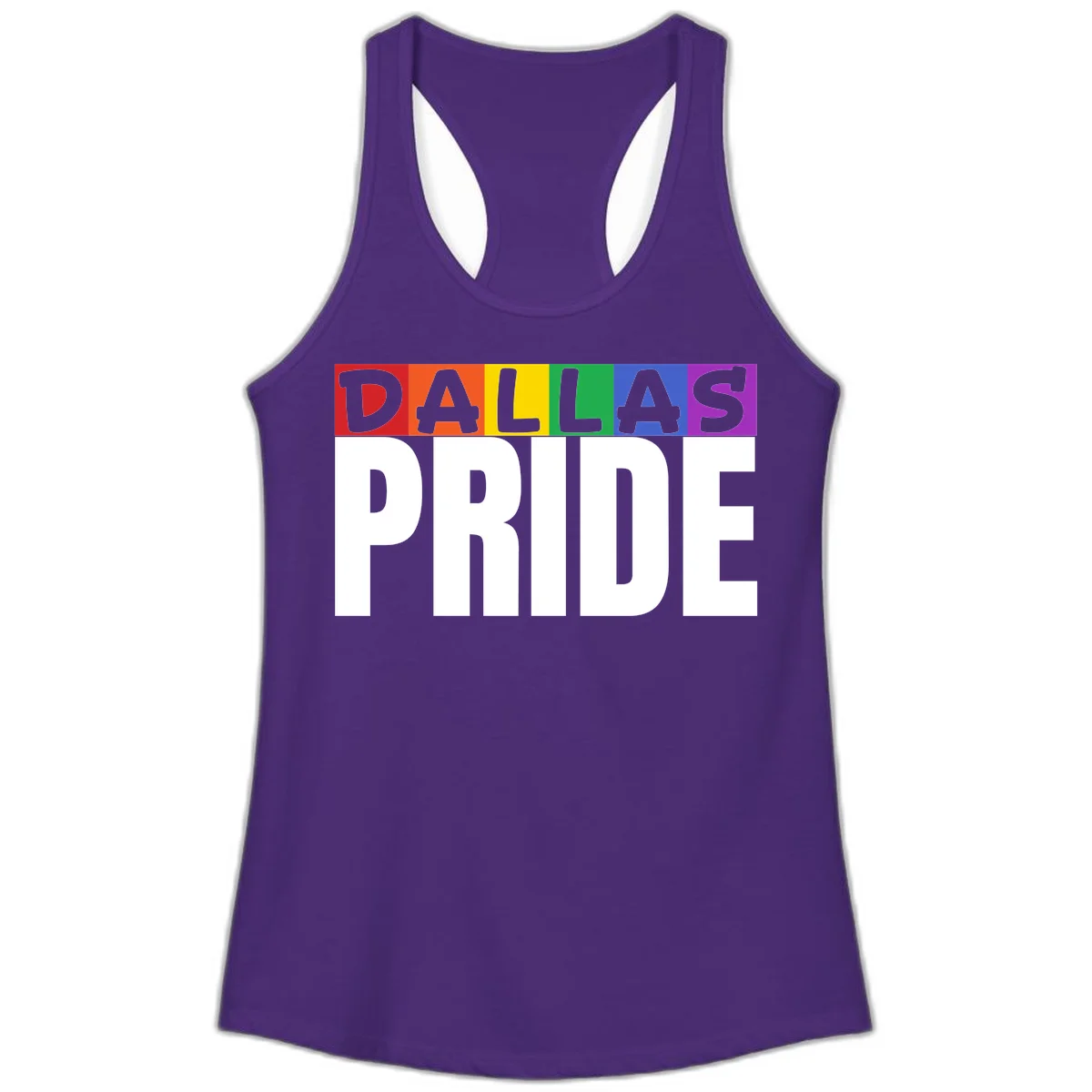 Dallas Pride rainbow design with colorful letters spelling DALLAS above white PRIDE text in Solid Purple Rush