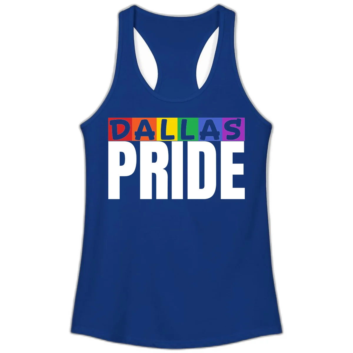 Dallas Pride rainbow design with colorful letters spelling DALLAS above white PRIDE text in Solid Royal