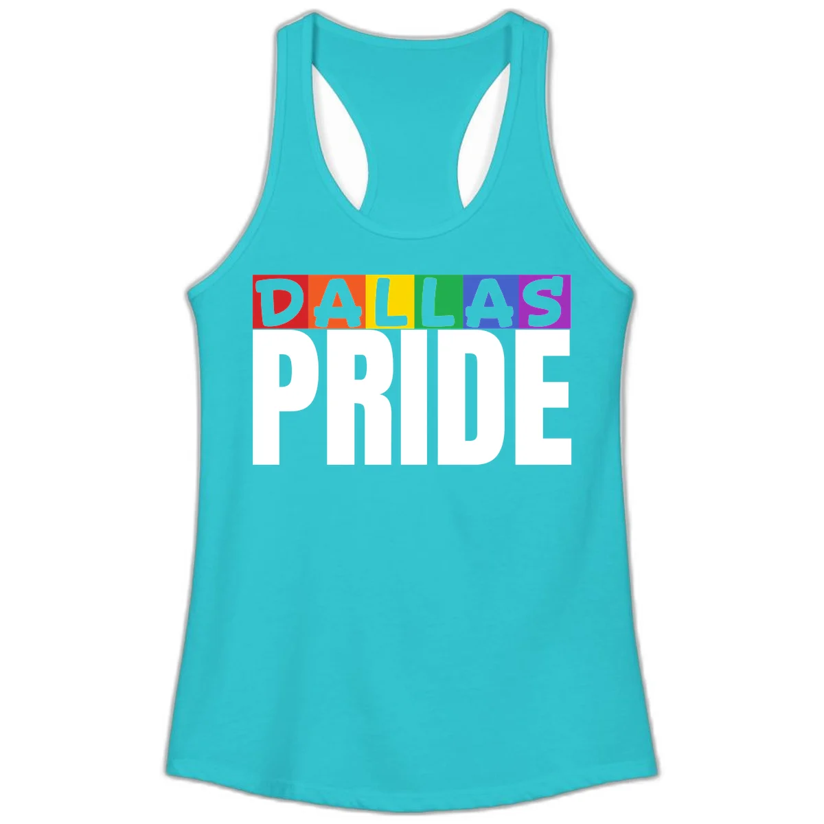 Dallas Pride rainbow design with colorful letters spelling DALLAS above white PRIDE text in Solid Tahiti Blue