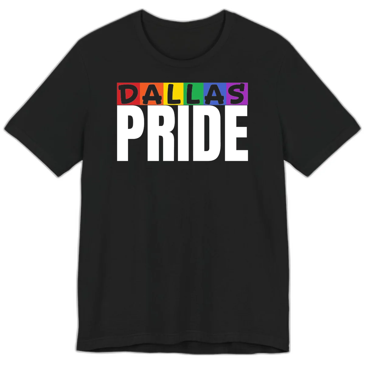 Dallas Pride rainbow design with colorful letters spelling DALLAS above white PRIDE text in Black